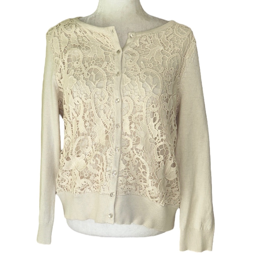 NWT J. Jill Delight in the Details Ivory Lace Crystal Button Cardigan - M / P